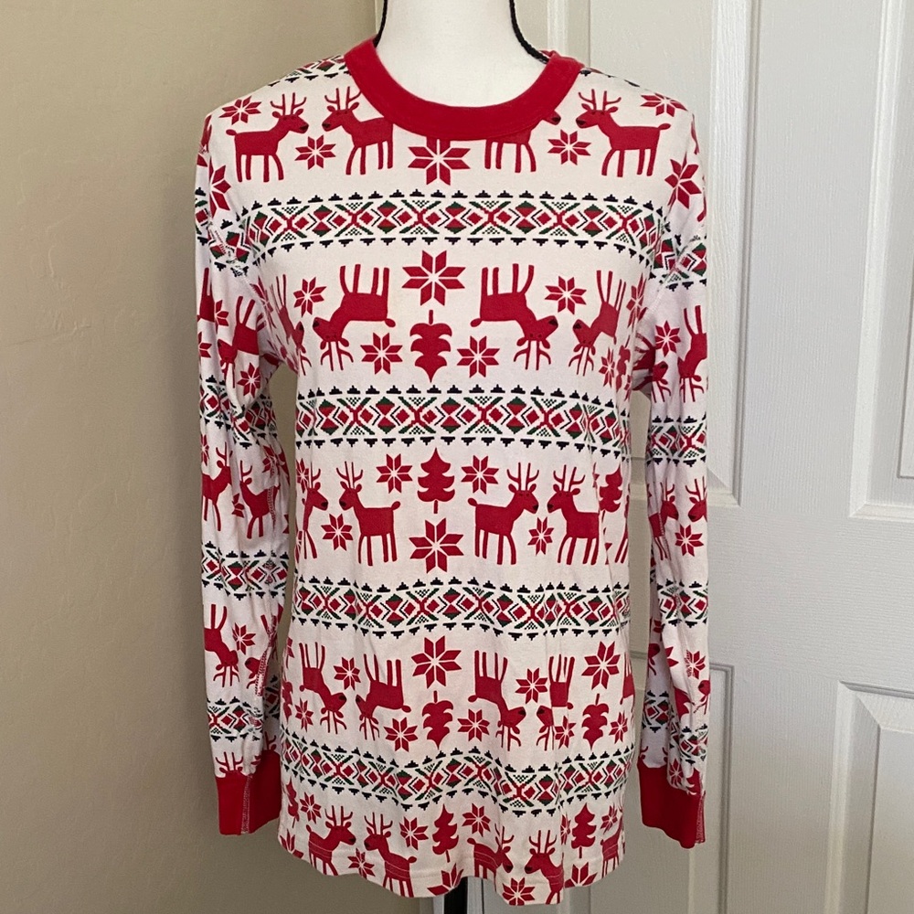 Hanna Andersson Red and White Organic Cotton Reindeer Christmas Thermal Top sz M